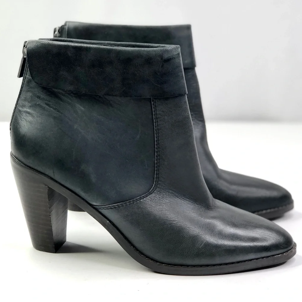 Lucky Brand Nycott fold-over ankle boots stacked heel dk grey leather ba…